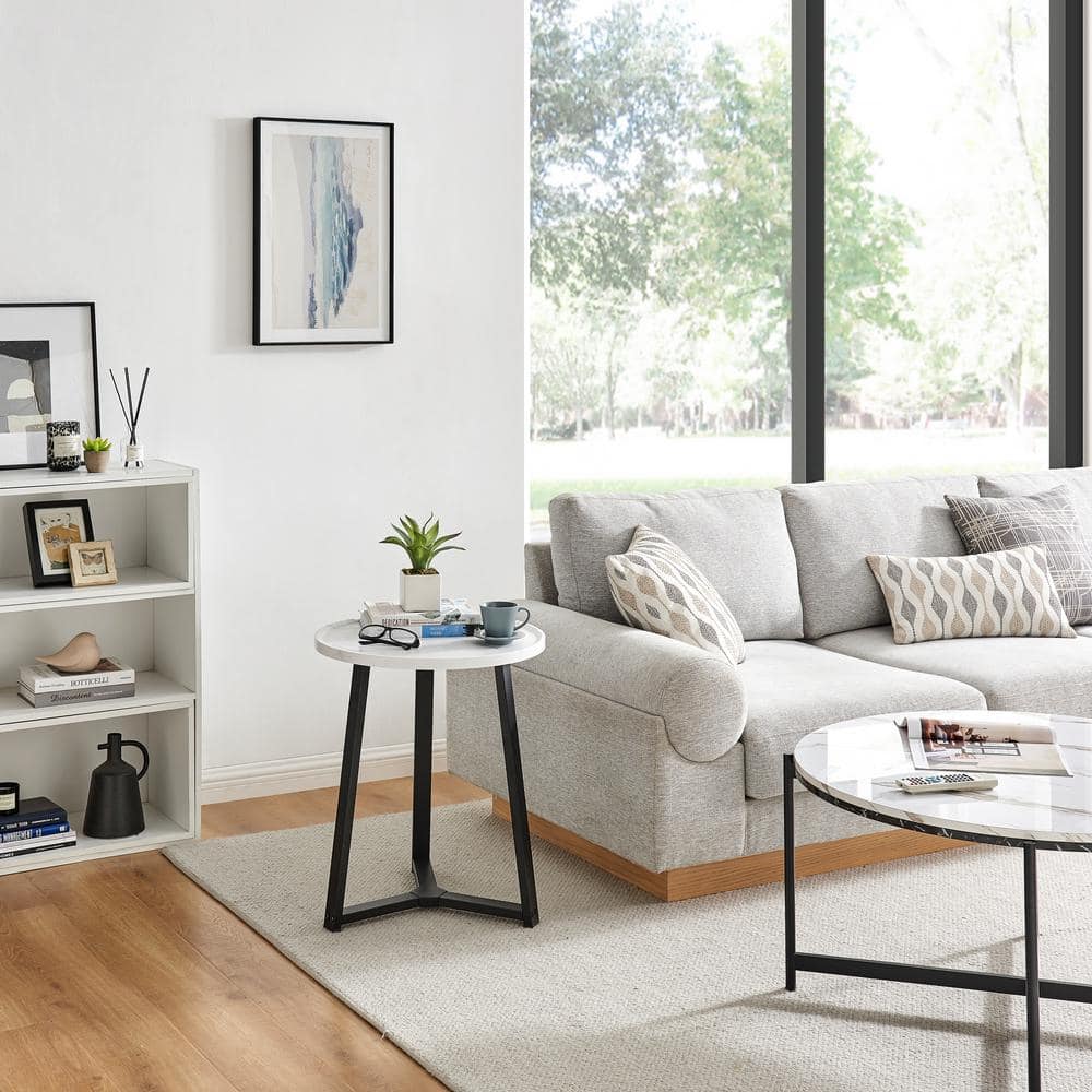 Harper Round White Marble and Black Metal Side Table