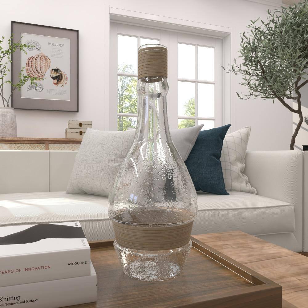 Coastal Clear Glass Vase with Rattan Detail, 16" Height