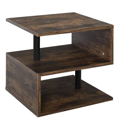 19 in. Natural Square Wooden End Table with 3-Shelves and S-Shaped Design