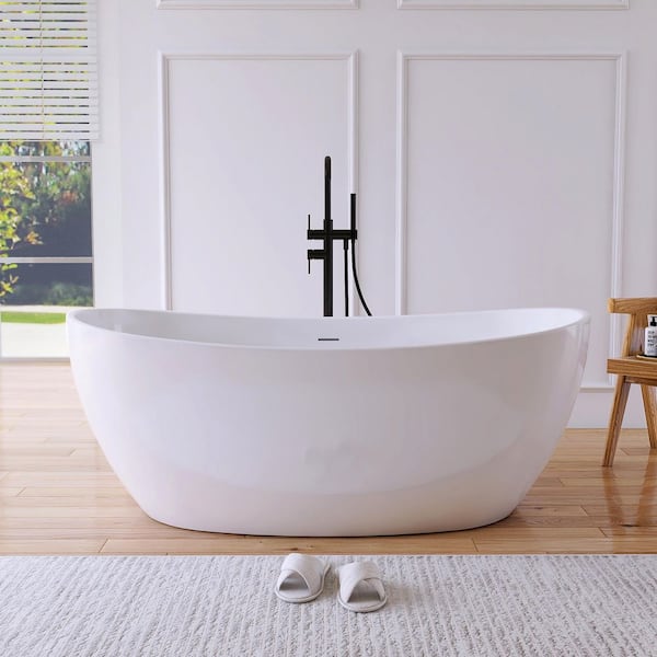 60 in. x 32 in. Acrylic Flatbottom Freestanding Soaking Bathtub in White