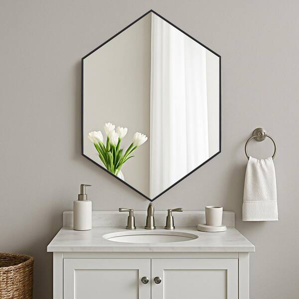 24 in. W x 34 in. H Modern Hexagon Metal Framed Wall Mounted Bathroom Vanity Mirror in Black