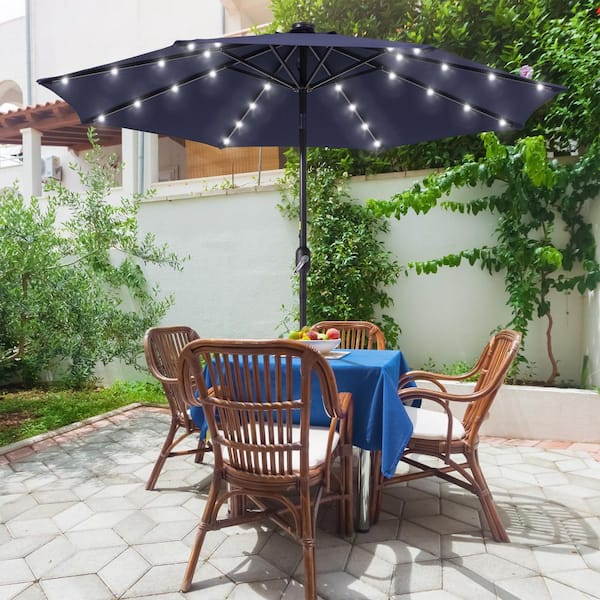 Sonkuki 9 ft. Solar Lighted LED Outdoor Patio Market Table Umbrella in Navy Blue, UV-Resistant Canopy and Tilt Button