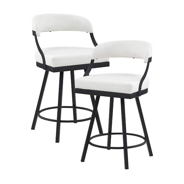 Brassica 26.5 in. Black Finish Metal Swivel Counter Height Chair with White Faux Leather Seat (Set of 2)