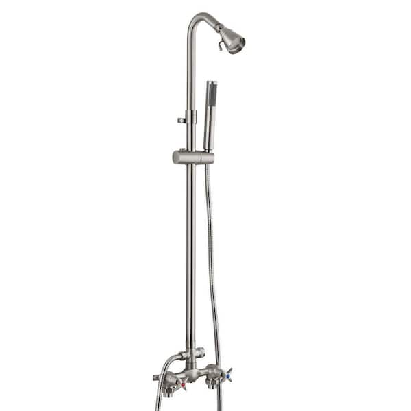 Brushed Nickel Wall Mounted Exposed Shower Fixtures, Outdoor Shower Kit with Hand Held Sprayer Double Cross Handles