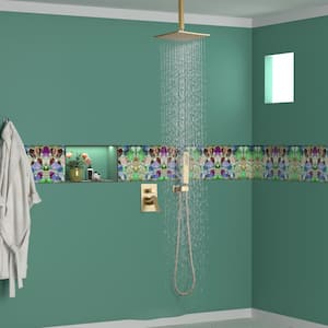 1-Spray 2.38 GPM Ceiling Mount Dual Shower Heads 10 in. Fixed and Handheld Shower Heads with Trim in Brushed Gold