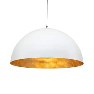 PCover 60-Watt 31.5 in. W 3-Light Painted White and Gold Foil Pendant Light with Oversize Large Dome Shade
