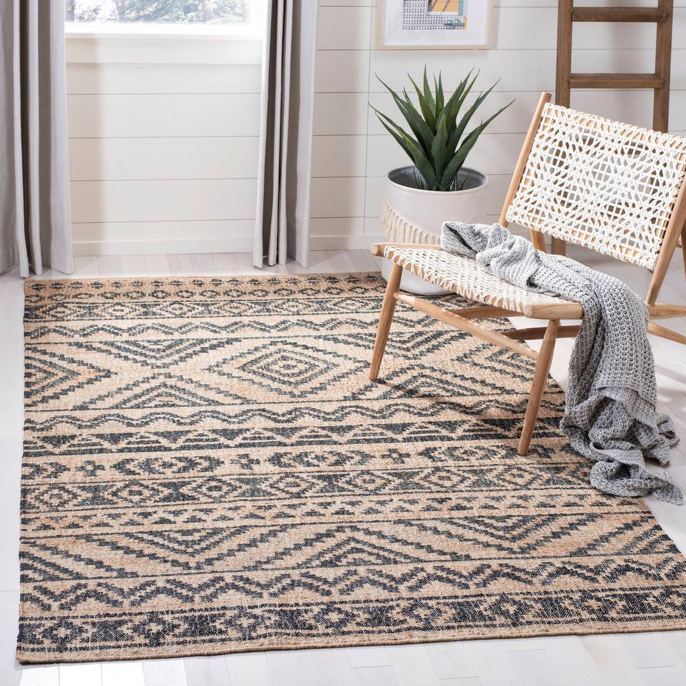 Gray and Natural Cotton Handmade Kilim Rug, 7' Square