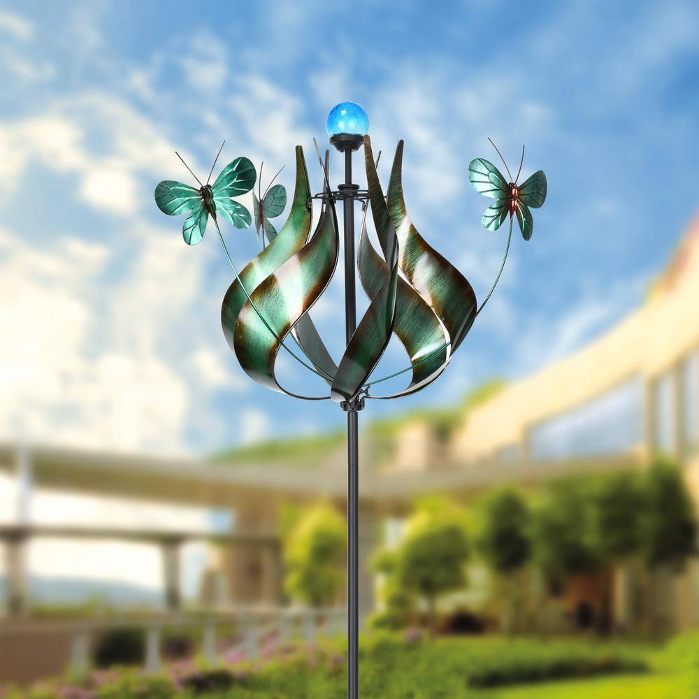 Teal Metal Tulip and Butterfly Kinetic Windmill with LED Light