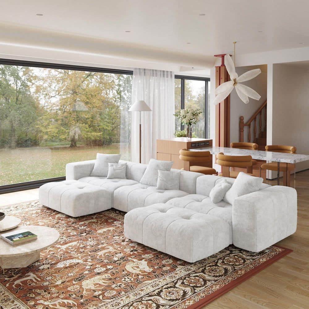 J&E Home 5-Piece White Linen 144 in. W Sectional Sofa Oversized