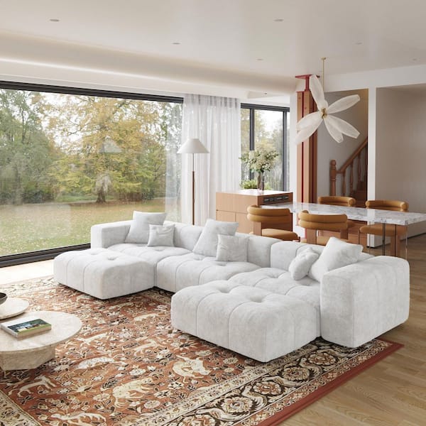 144.1 in. Square Arm Oversized Linen 5-Piece Modular Free Combination Sectional Sofa w/ Soft Cushion, Ottoman in. White