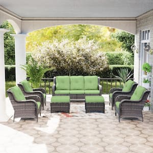 Brown 7-Piece Wicker Outdoor Patio Conversation Sofa Set with Green Cushion
