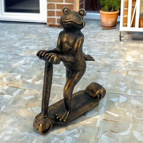 Galt International 16 in. Scooter Frog Copper-Look Resin Garden