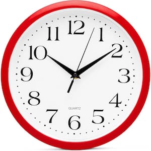 10 in. Round Red Analog Plastic Frame Non Ticking Wall Clock Battery Operated