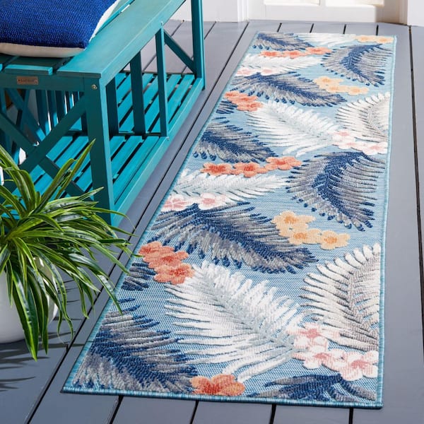 Cabana Aqua/Ivory 2 ft. x 9 ft. High-Low Botanical Floral Indoor/Outdoor Runner Rug