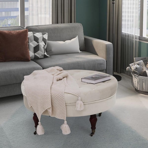 Maypex 33 in. Beige Color Velvet Fabric Upholstered Tufted Round Cocktail Ottoman with Casters