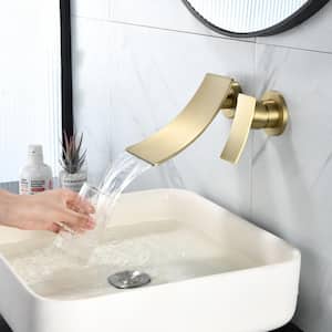 Single Handle Wall Mounted Bathroom Faucet, 2-Holes Waterfall Bathroom Sink Faucet in Brushed Gold