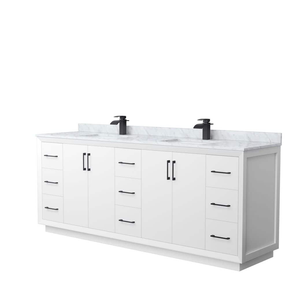 Wyndham Collection Strada 84 in. W x 22 in. D x 35 in. H Double Bath Vanity in White with White Carrara Marble Top, White with Matte Black Trim -  WCF414184DWBCMUNSMXX