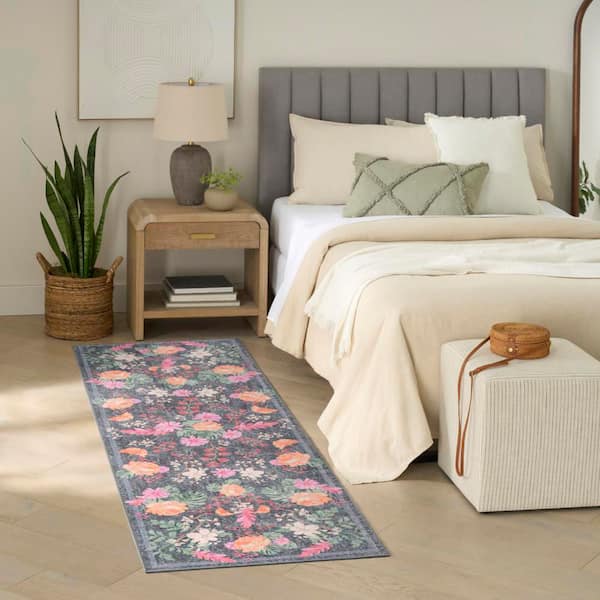 Botanical Washables 2 ft. x 6 ft. Charcoal Multicolor Floral Contemporary Runner Area Rug