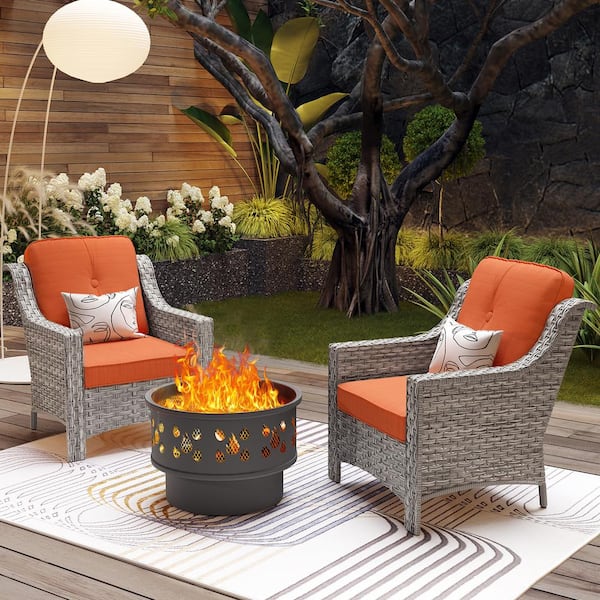 Toject Eureka Gray 3-Piece Wicker Outdoor Patio Conversation Chair Set with a Wood-Burning Fire Pit and Orange Red Cushions
