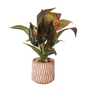 14 in. H Croton Artificial Plant with Geometric Patterned Pot and Decorative Pebbles
