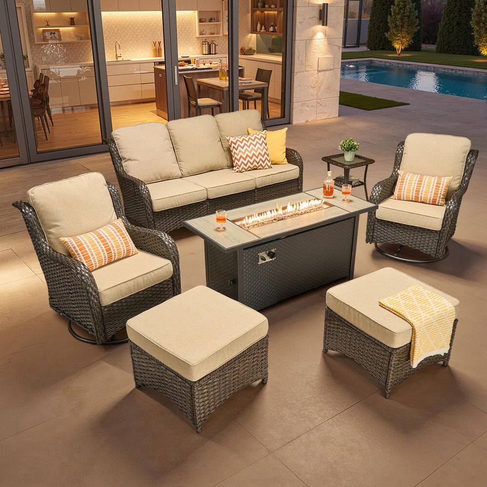 Garnet 7-Piece Wicker Outdoor Fire Pit Patio Conversation Sofa Seating Set with Swivel Chairs and Beige Cushions price history on PriceWatchPro