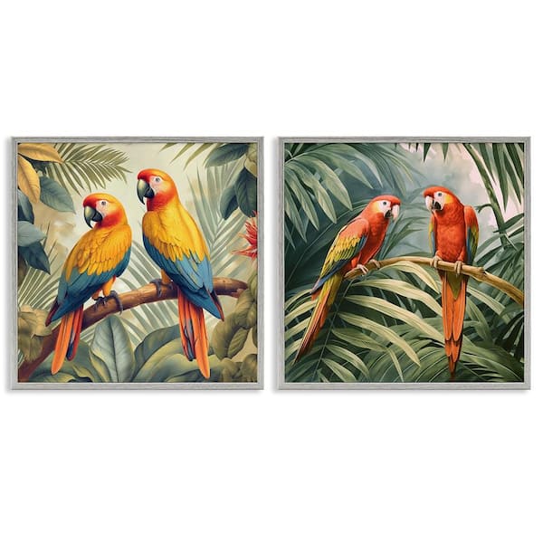 Stupell Industries Resting Parrots Among Jungle by Steve Hunziker 2-Pieces Gray Framed Animal Giclee Art Print 17 in. x 17 in.