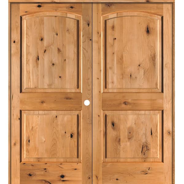 64 in. x 80 in. Rustic Knotty Alder 2-Panel Left Handed Clear Stain Wood Double Prehung Interior Door with Arch-Top