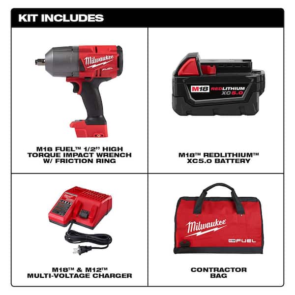 Milwaukee M18 FUEL 18V Lithium-Ion Brushless Cordless 1/2 in. Impact Wrench  w/Friction Ring Kit w/One 5.0 Ah Battery and Bag 2767-21B The Home Depot