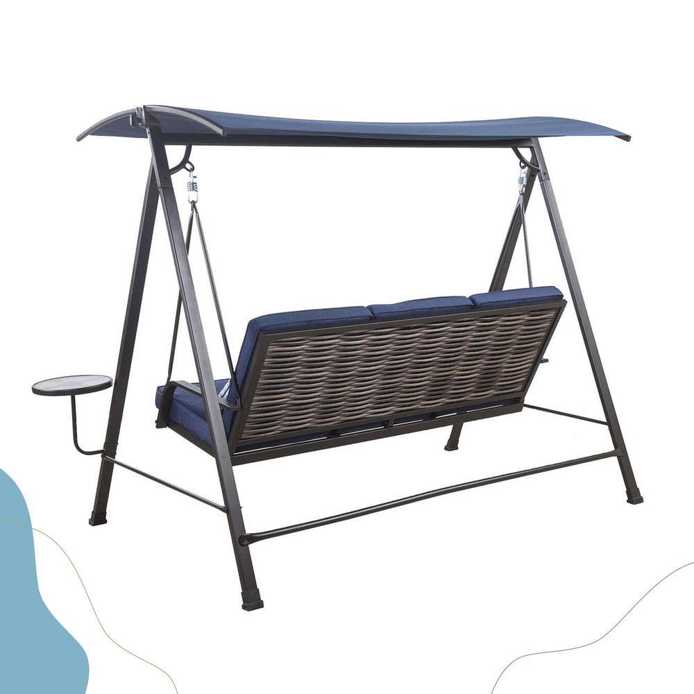 Gray Steel 3-Person Patio Swing with Blue Cushions and Canopy