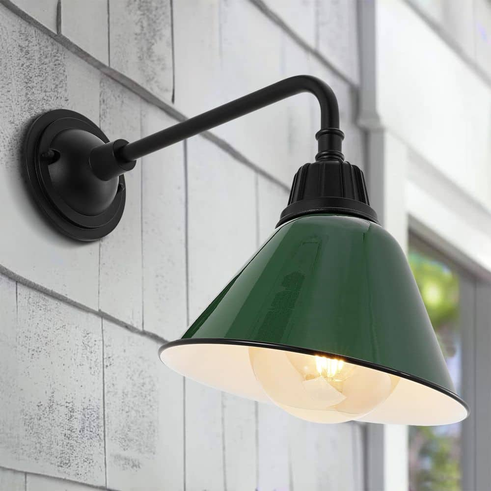 JONATHAN Y Croydon 9.63 in. Green 1-Light Farmhouse Industrial Indoor/Outdoor Iron LED Gooseneck Arm Outdoor Sconce