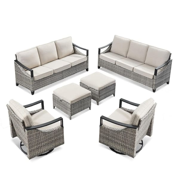 Buenaola 6-Piece Wicker Patio Conversation Set with Swivel Chairs, Outdoor 24 in. Deep Seating Sofa Set with Beige Cushions