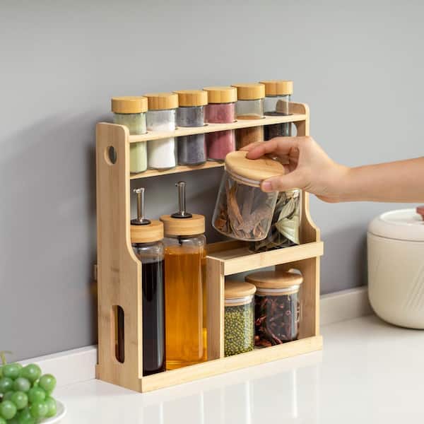Basicwise 3-Tier Bamboo Spice Rack with Spice Shaker Bottles,