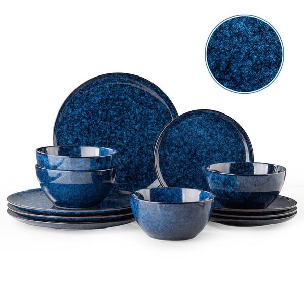 Starflecked Shore 12-Piece Round Dark Blue Speckled Stoneware Dinnerware Set Service for 4