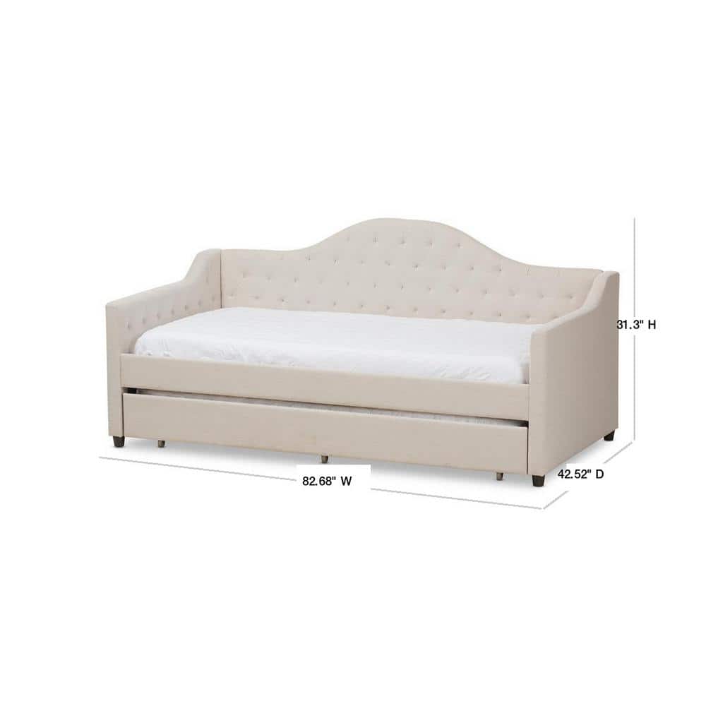 Beige Twin Upholstered Daybed with Tufted Headboard and Trundle