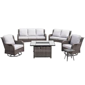 Demeter Gray 6-Pcs Wicker Patio Rectangular Fire Pit Set with Gray Cushions and Swivel Rocking Chairs
