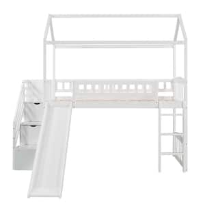 White Twin Size House Loft Bed with Slide and Storage Drawers, Wood Kids Loft Bed Frame with Staircases and House Roof