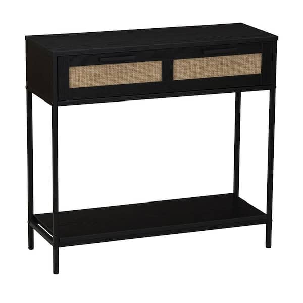 HOUSEHOLD ESSENTIALS 31.29 in. Black Oak Rectangle Particle Board Console Table with Woven Rattan Drawers