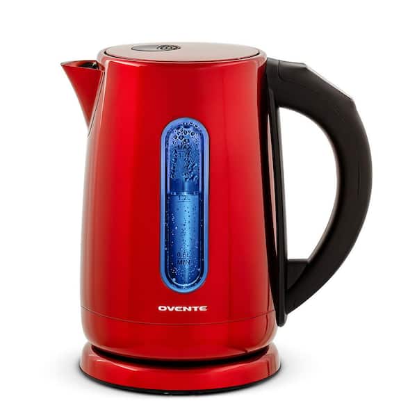 OVENTE 7-Cup Stainless Steel Corded Electric Kettle with 5 Temperature Control Settings, Auto Shut-Off, Red KS58R