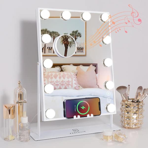 14.5 in. W x 18.5 in. H Tabletop Rectangular Framed Wireless Charging Smart Touch LED Bulb Music Makeup Mirror White