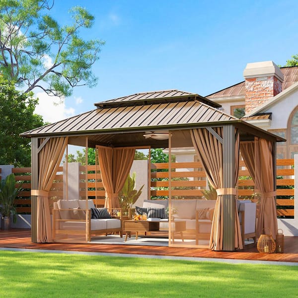14 ft. x 12 ft. Brown Outdoor Dual-Layer Galvanized Steel Gazebo with Netting and Curtains for Garden, Patio, Lawns