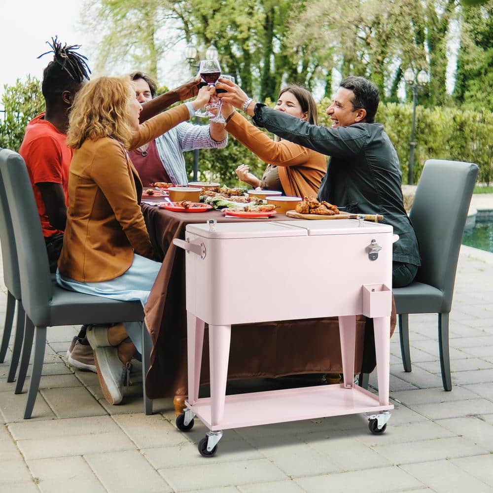 80 Qt Pink Metal Rolling Cooler with Lower Shelf and Lockable Wheels