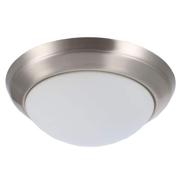Hampton Bay 14 in. 2-Light Brushed Nickel Flush Mount with Round White Glass Shade