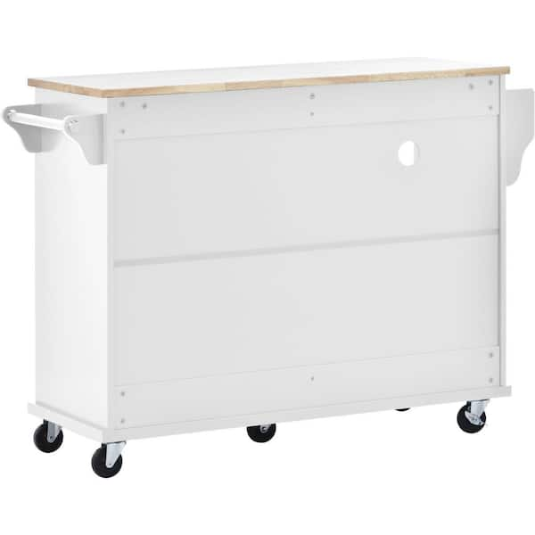 White Kitchen Island Kitchen Cart with Storage Cabinet and Microwave  Cabinet, 2 Locking Wheels, Solid Wood Desktop