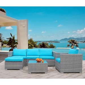 6-Piece PE Rattan Wicker Outdoor Sectional Patio Furniture Set Wicker Sectional Outdoor Sofa Set with Blue Cushions