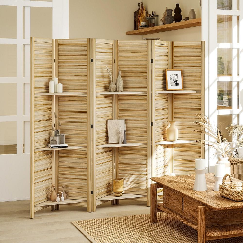 67 In. Tall Natural Wood 6 Panel Privacy Screen with 3 Display Shelves, Room Divider and Storage for Bedroom