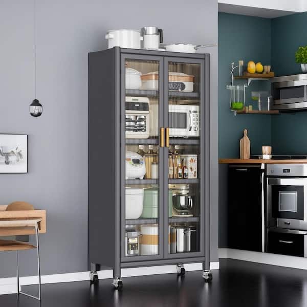 65 in. 5-Shelf Black Kitchen Pantry Cabinet on Wheels