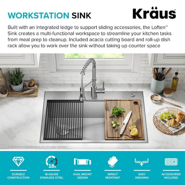 Kraus Loften 33 in. Drop-In/Undermount Single Bowl Stainless Steel Kitchen Workstation Sink with Faucet and Accessories, Silver