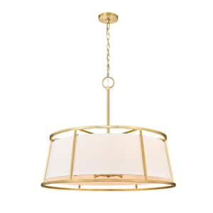 Lenyx 60-Watt 8-Light 32 in. Rubbed Brass Shaded Pendant Light with White Fabric Shade