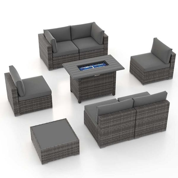 Outdoor 8 Pieces Sectional Wicker Sofa Set with Fire Pit, Loveseat Sofa, Armless Sofa Chair, Gray Cushions