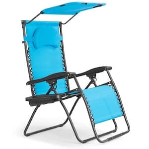 Folding Recliner Lounge Chair with Shade Canopy Cup Holder in Turquoise